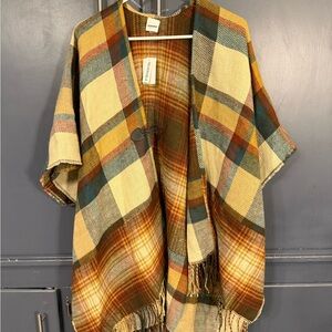 Plaid Multicolor Cape with Fringe
